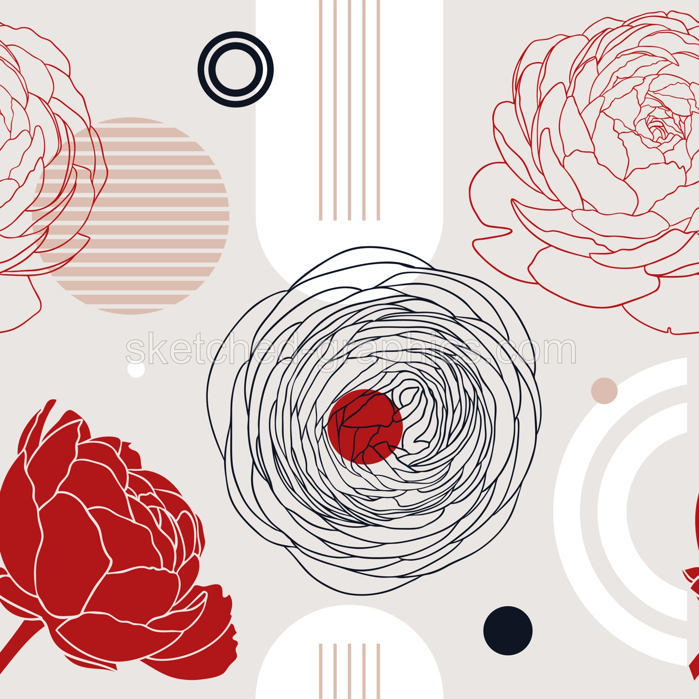 Trendy collage style ranunculus background. Abstract and minimalist seamless pattern with floral outlines. With geometric shapes and botanical elements for wall art, prints, decoration, invitations Illustration